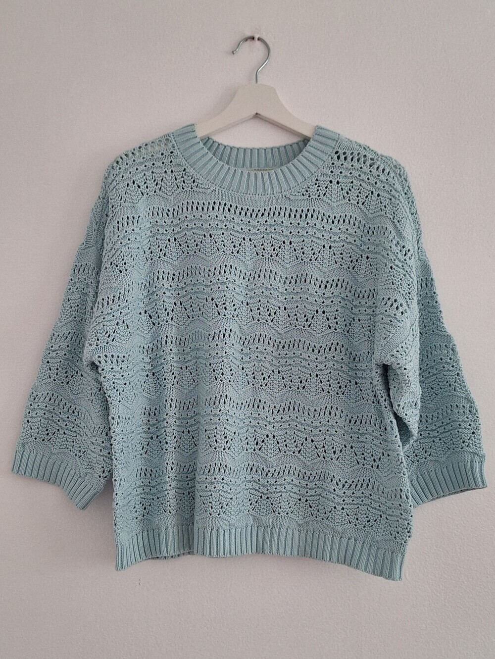 NWT WoolOvers Women's Light Blue Openwork Crewneck Sweater